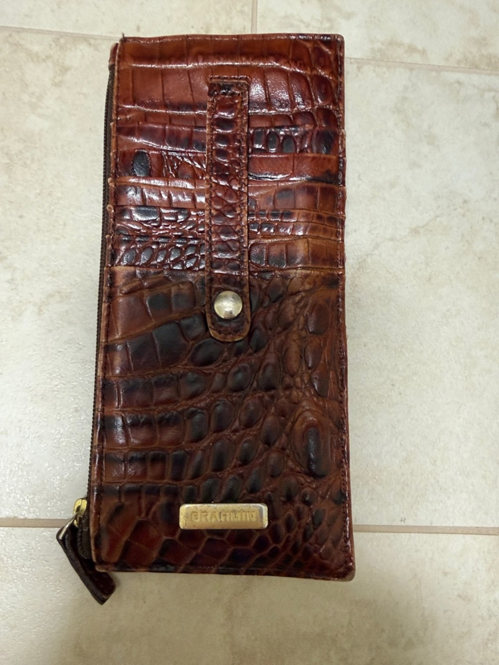 Brahmin Croc-Embossed Brown Leather Zip Wallet